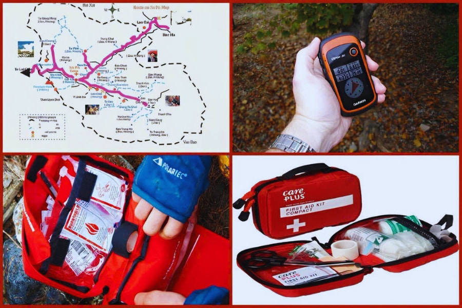 Essential Vietnam road trip gear including map, GPS device and safety kit